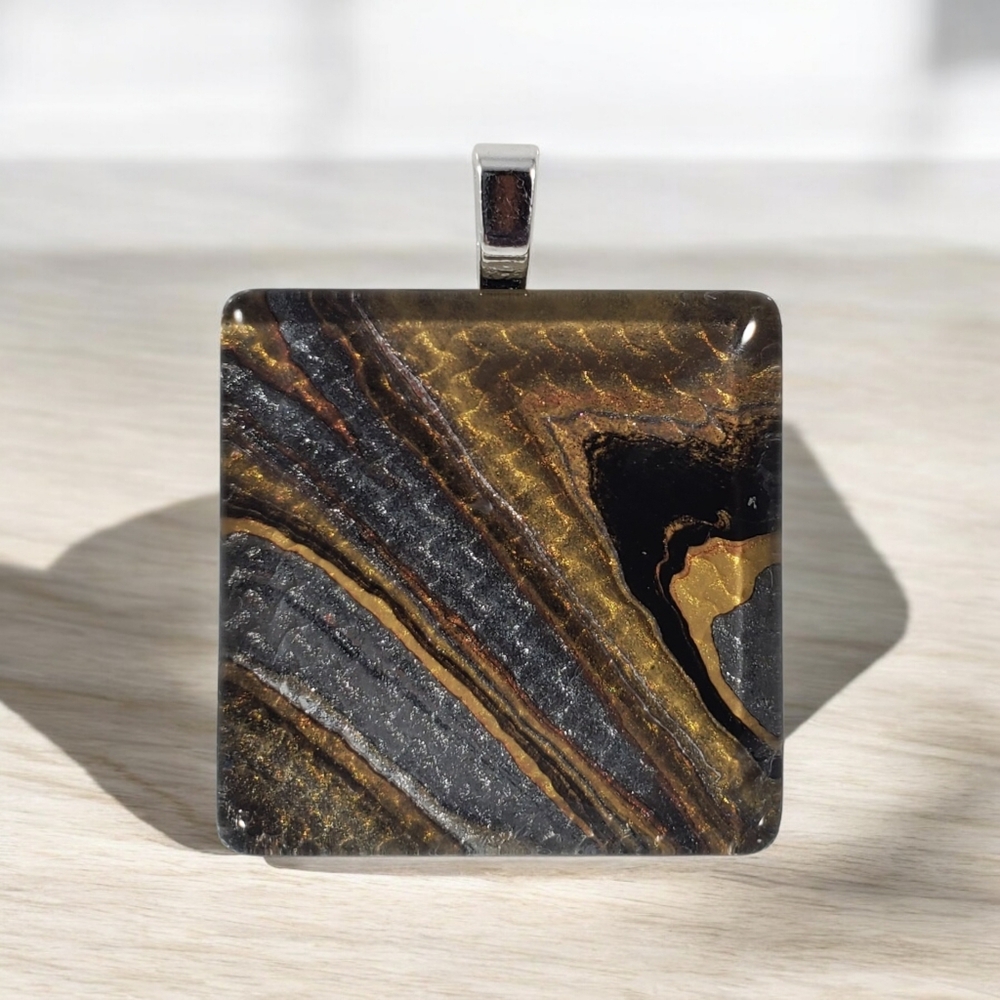 Handmade Abstract Art Pendant • Leather Base • Glass Cabochon Necklace - Picture 6 of 9